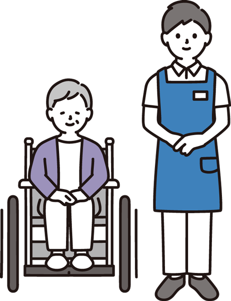 車椅子の利用者と介護士のイラスト